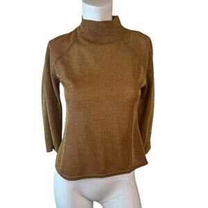 Via de Rosa Gold Metallic Knit Mock Turtleneck 3/4 Sleeves Sweater sz M